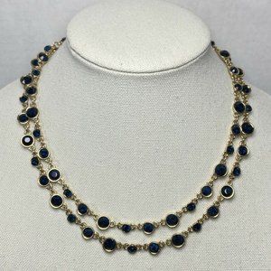 Gold Tone Blue Rhinestones Long Strand Necklace 38”